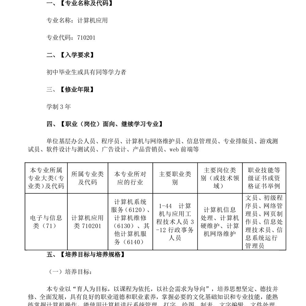 计算机应用专 业人才培养方案