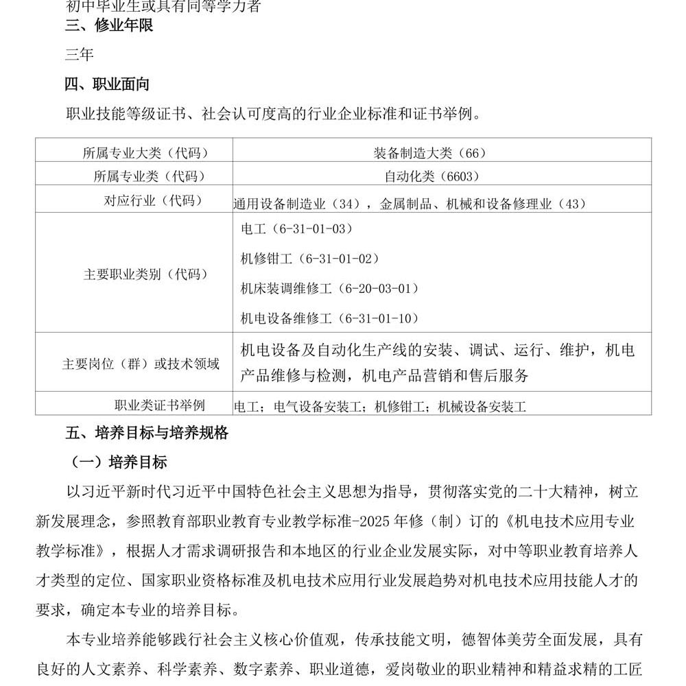 机电技术应用专 业人才培养方案